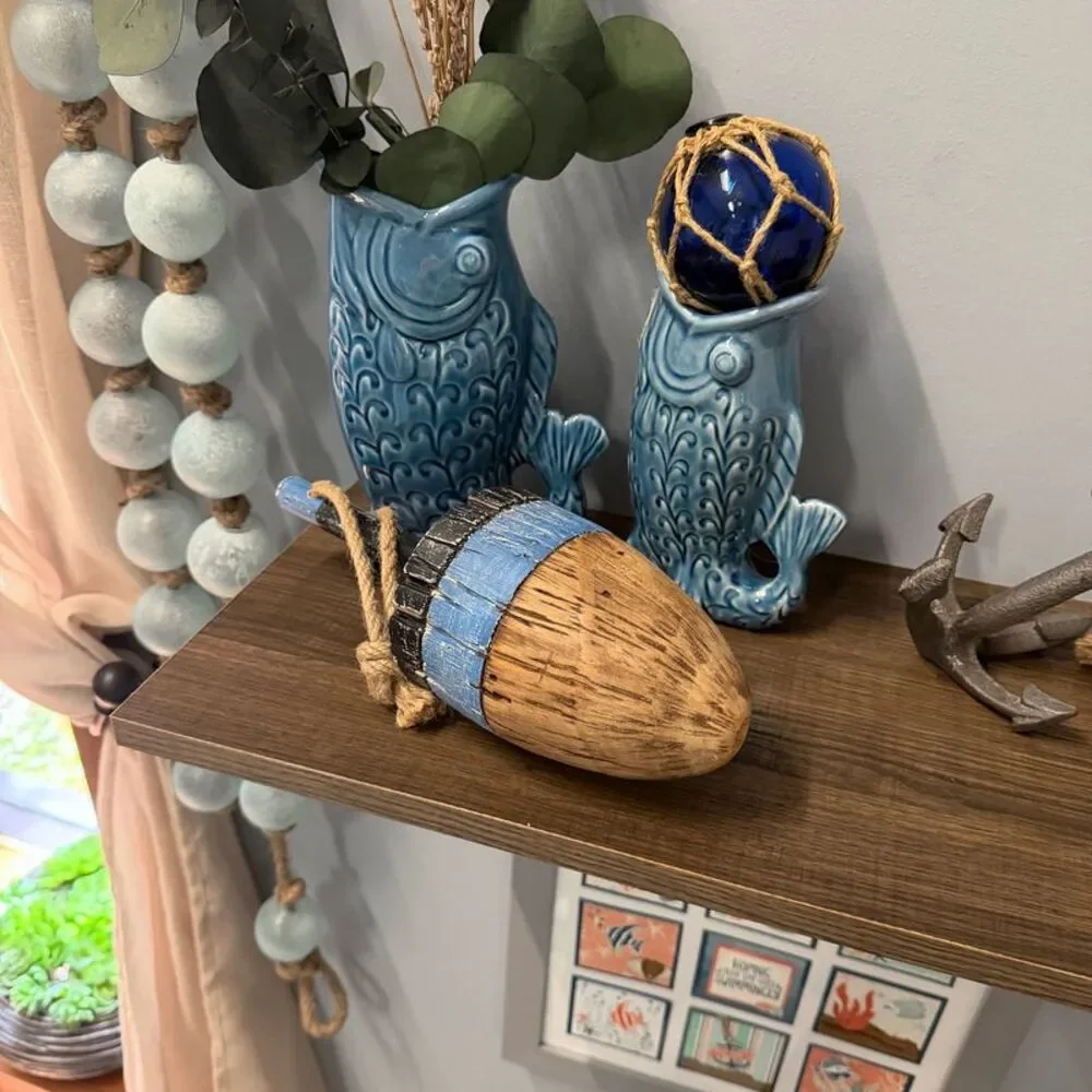 Decorative Wood Buoy Blue Stripe Rope Hanger 15 Inch Nautical Wall Accent